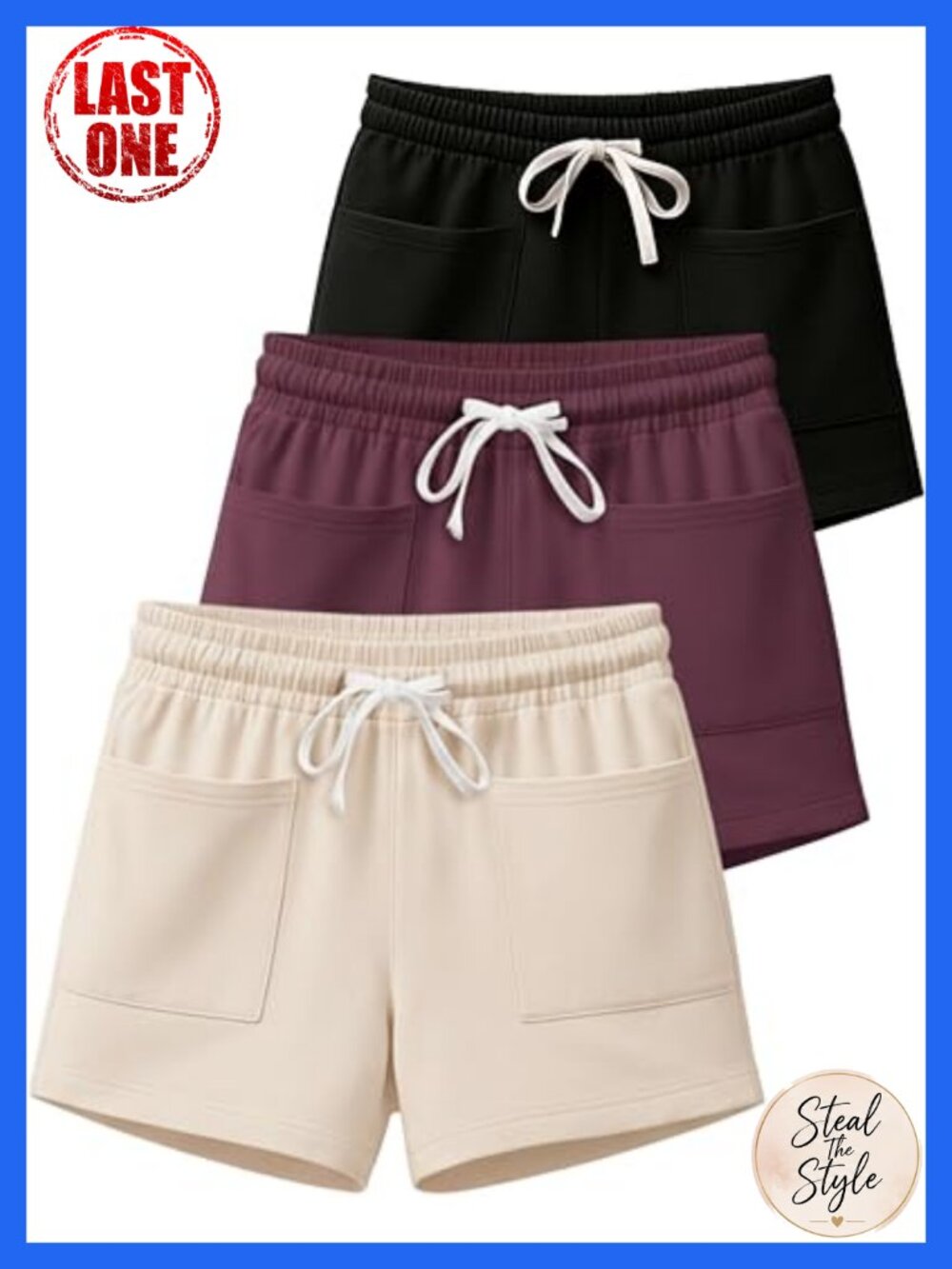Women's Cotton Terry Lounge Shorts 3 Pack Square Pockets Drawstring Athletic